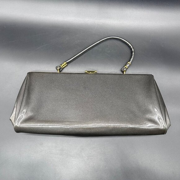 Vintage Handbag Mid Century Shimmery Gray Purse Gold Tone Top Handle Retro - Picture 2 of 12